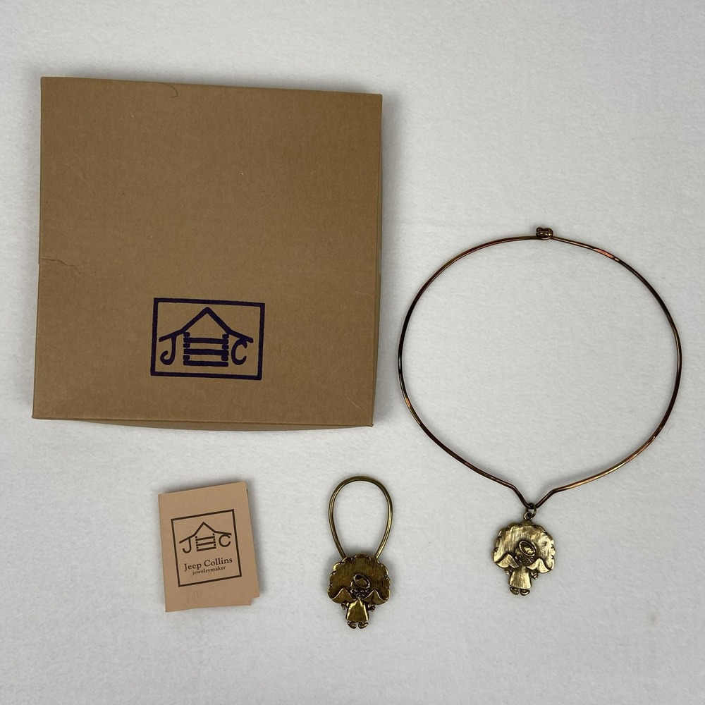 Retired Jeep Collins Brass Angel Necklace and Scarf Slide Set Artisan Jewelry